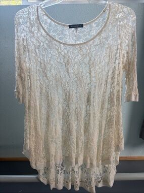 Lace Overlay Scoop Neck Women's Top - Ivory